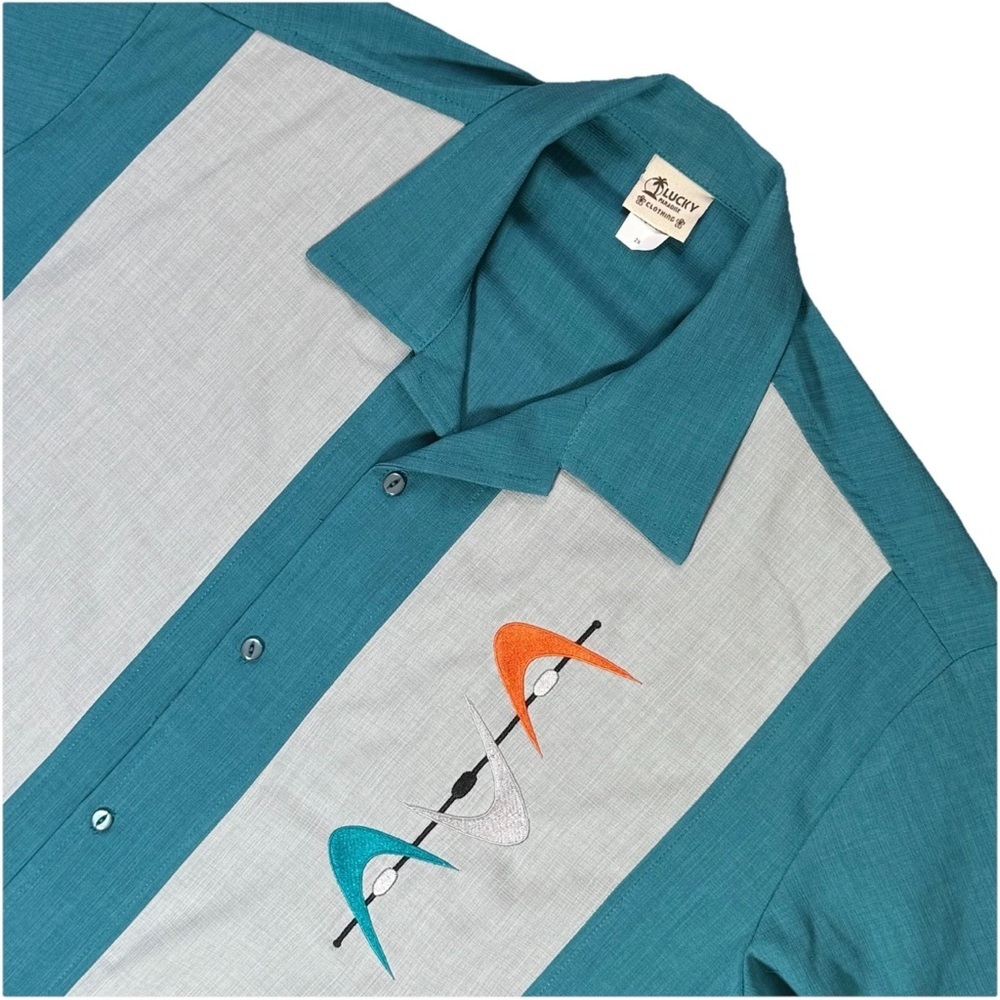 Lucky Paradise Bowling Shirt 2X Teal Gray Atomic Boomerang Retro Rockabilly USA - Picture 3 of 6